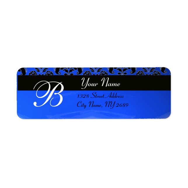 ELEGANT BLACK BLUE DAMASK MONOGRAM RETURN ADDRESS LABEL (Front)