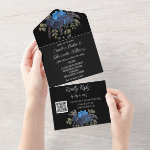 Elegant Black Blue Floral Modern RSVP QR Code All In One Invitation