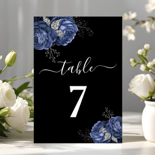 Elegant Black Blue Floral Table Number