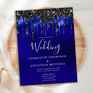 Elegant Black Blue Glitter Drips Police Wedding Invitation Postcard
