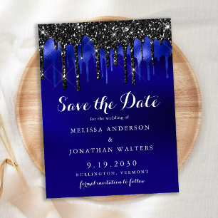 Elegant Black Blue Glitter Drips Save The Date Announcement Postcard