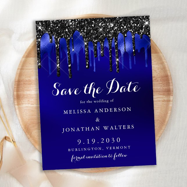 Elegant Black Blue Glitter Drips Save The Date Invitation Postcard (Creator Uploaded)