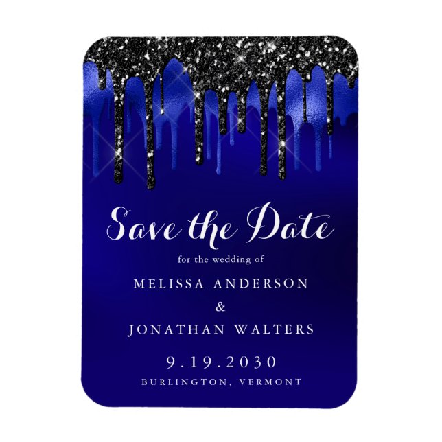 Elegant Black Blue Glitter Drips Save The Date Magnet (Vertical)