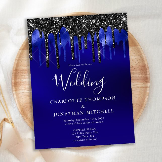 Elegant Black Blue Glitter Drips Wedding Invit Postcard (Creator Uploaded)