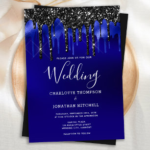 Elegant Black Blue Glitter Drips Wedding Invitation