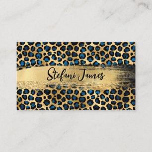 Elegant Black Blue Gold Foil Leopard Brush Stroke Business Card