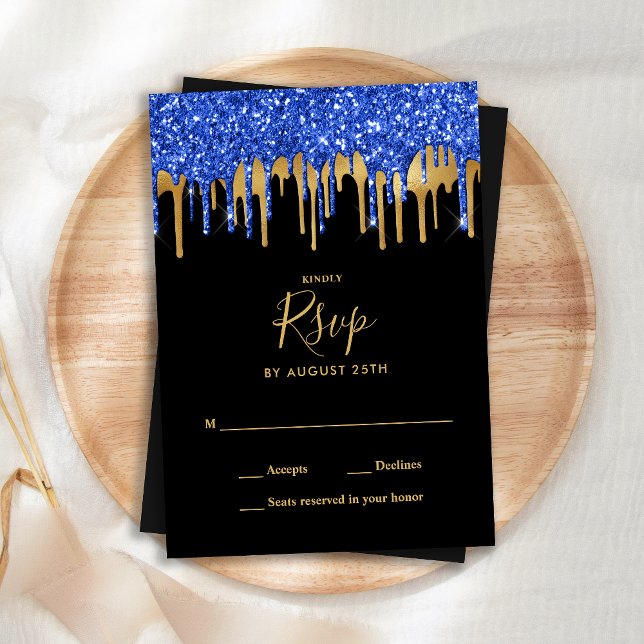 Elegant Black Blue Gold Glitter Drips Wedding RSVP Card (Creator Uploaded)