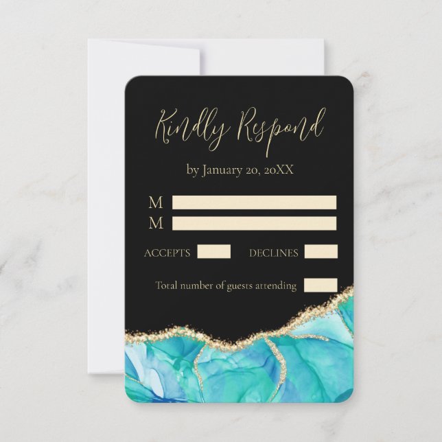 Elegant Black Blue Gold Glitter Watercolor Wedding RSVP Card (Front)