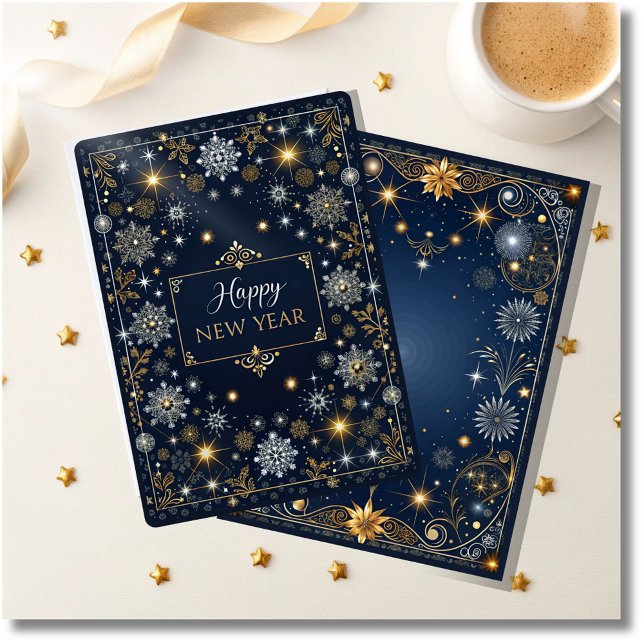 Elegant Black, Blue & Gold Happy New Year  Holiday Card (elegant blue and gold happy new year card, sophisticated holiday greeting card, stylish new y)