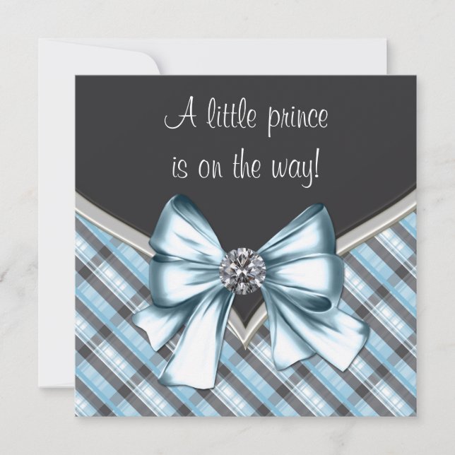 Elegant Black Blue Grey Plaid Prince Baby Shower Invitation (Front)
