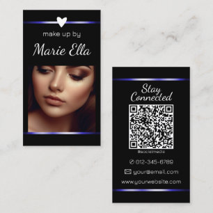 Elegant Black Blue Heart Photo QR Code Template  Business Card