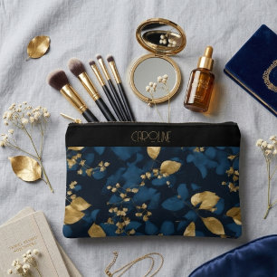 Elegant Black Blue Leaves Stylish Trendy Cute Accessory Pouch