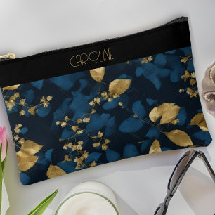 Elegant Black Blue Leaves Stylish Trendy Cute Accessory Pouch