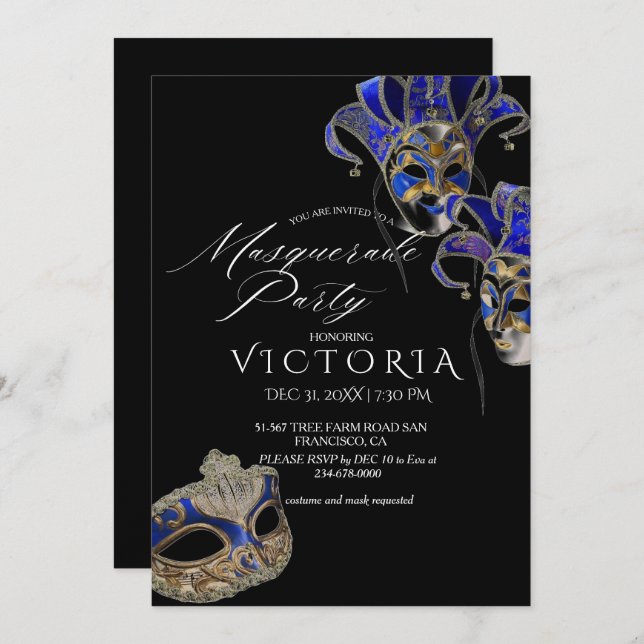 Elegant Black & Blue Mask Masquerade Birthday Invitation (Front/Back)