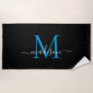 Elegant Black Blue Monogram Feminine Girly Script Beach Towel
