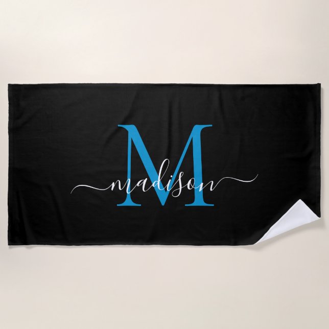 Elegant Black Blue Monogram Feminine Girly Script Beach Towel (Front)