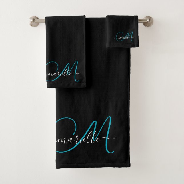 Elegant Black Blue Monogram Script Name  Bath Towel Set (Insitu)