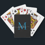 Elegant Black Blue Monogram Stylish Script Name Playing Cards<br><div class="desc">Elegant Black Bright Ocean Sky Blue Monogram Stylish Script Name Playing Cards</div>