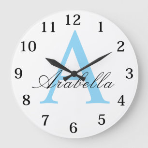 Elegant Black Blue  Personalized Monogram  Name  Large Clock