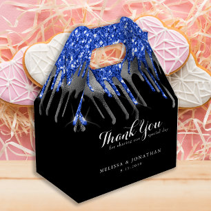 Elegant Black Blue Silver Glitter Drips Wedding Favour Box