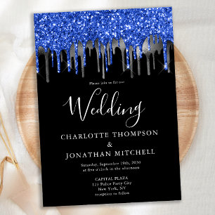 Elegant Black Blue Silver Glitter Drips Wedding Invitation