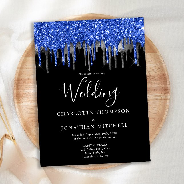 Elegant Black Blue Silver Glitter Drips Wedding Invitation Postcard (Creator Uploaded)