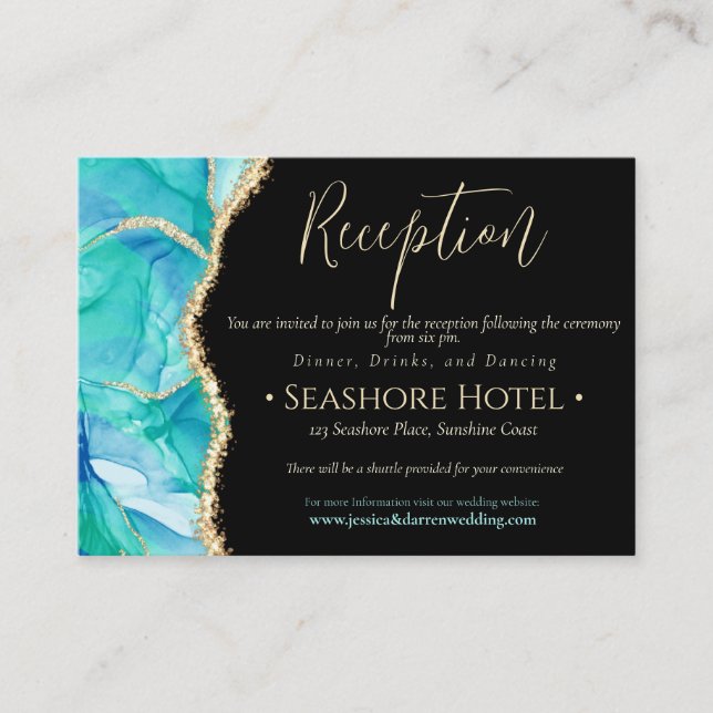 Elegant Black Blue Watercolor Wedding Reception Enclosure Card (Front)