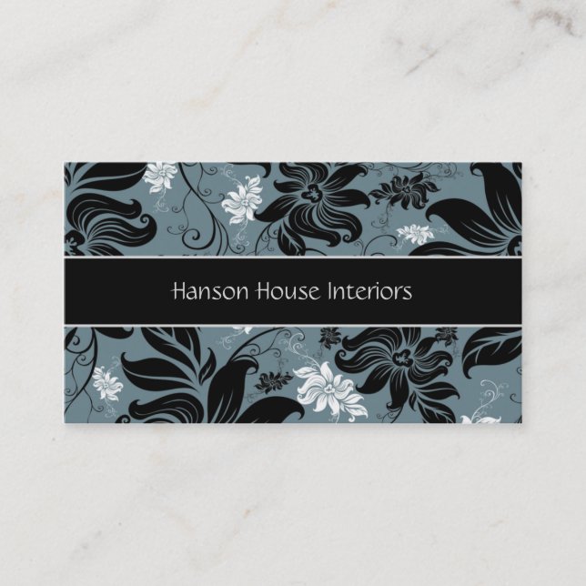 Elegant Black Blue White Floral Business Card (Front)