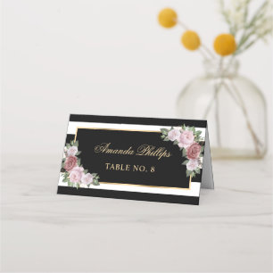 Elegant Black Blush Gold Floral Wedding Place Card