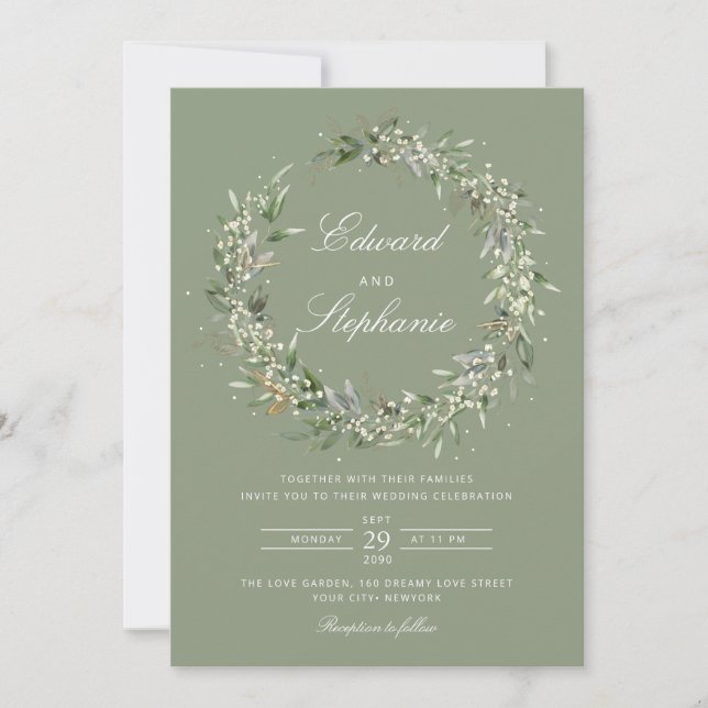 Elegant Black Bohemian Watercolor Greenery Wedding Invitation (Front)
