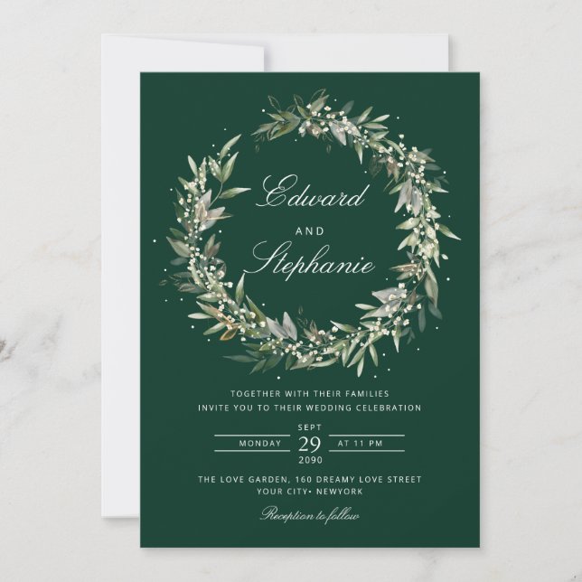 Elegant Black Bohemian Watercolor Greenery Wedding Invitation (Front)