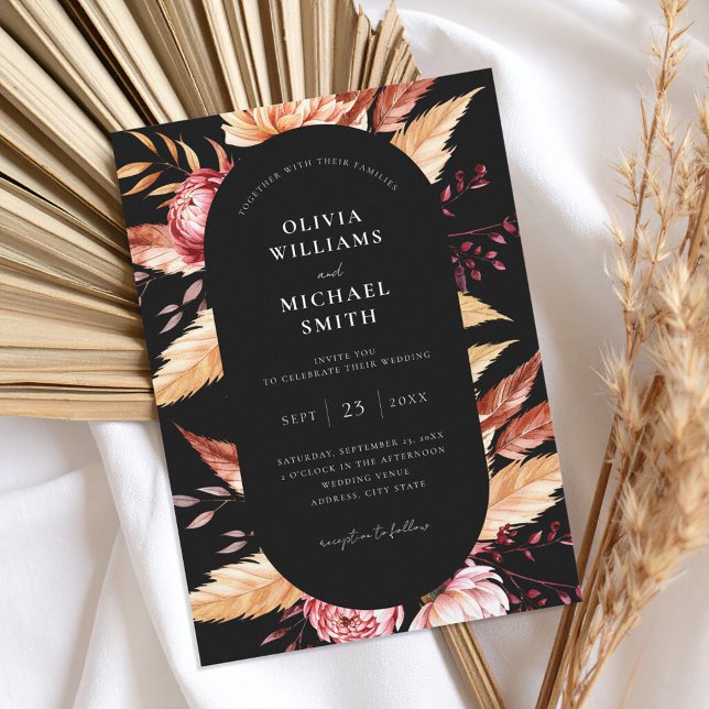 Elegant Black Boho Chic Floral Wedding Invitation (Creator Uploaded)