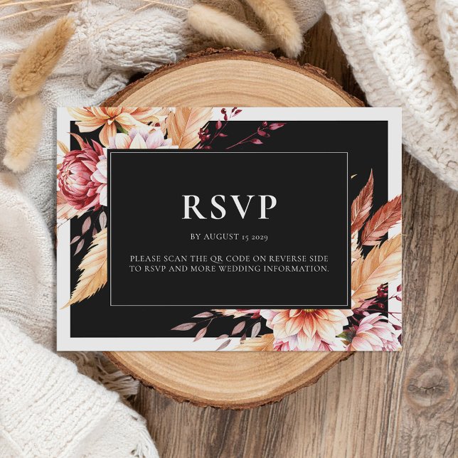 Elegant Black Boho Chic Floral Wedding RSVP Card (Creator Uploaded)