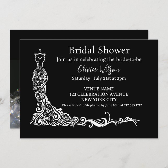  Elegant Black Boho Floral Gown Bridal Shower Invitation (Front/Back)