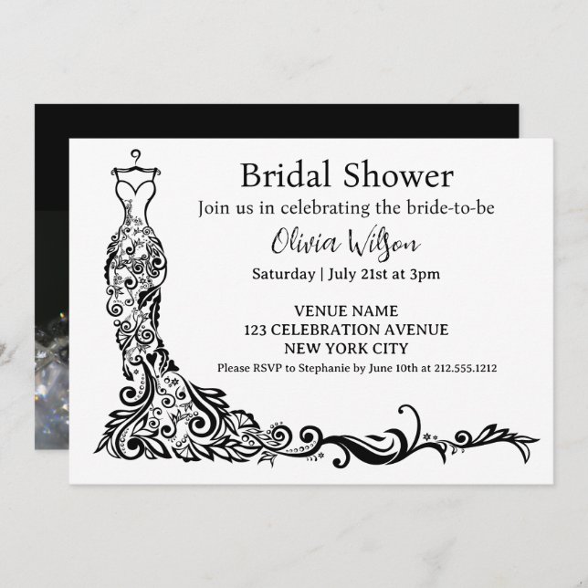  Elegant Black Boho Floral Gown Bridal Shower Invitation (Front/Back)