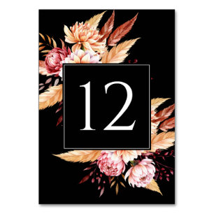 Elegant Black Boho Floral Wedding Table Number
