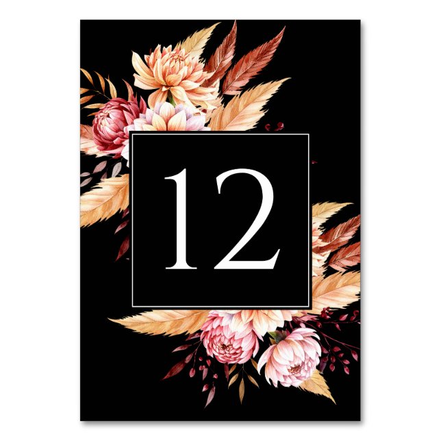 Elegant Black Boho Floral Wedding Table Number (Front)