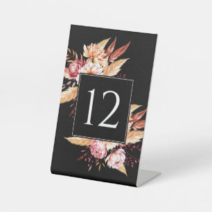 Elegant Black Boho Floral Wedding Table Number Pedestal Sign