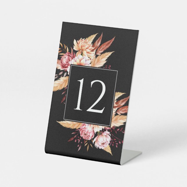 Elegant Black Boho Floral Wedding Table Number Pedestal Sign (Front)