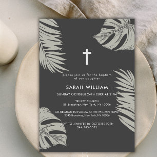 Elegant Black Boho Leaves Cross Baptism  Invitation