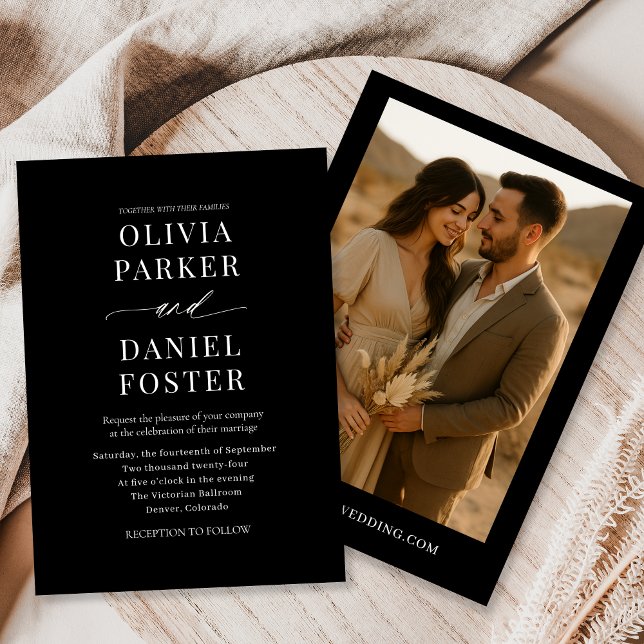 Elegant Black Boho Minimalist Photo Wedding Invitation (Creator Uploaded)
