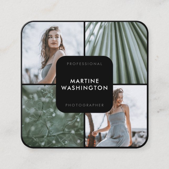 Elegant black border photographer modern minimal square business card (Front)