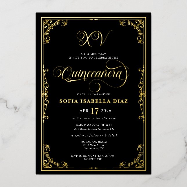 Elegant Black Border Quinceañera Gold or Silver (Front)