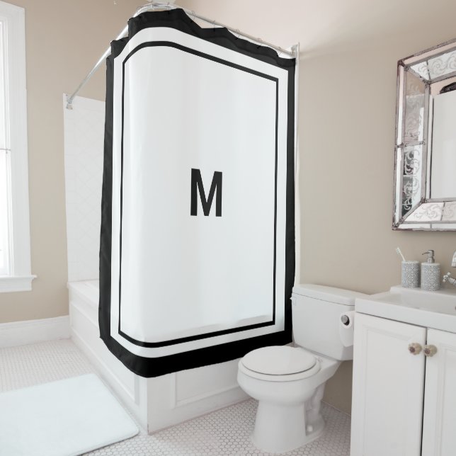 Elegant Black Border Script Monogram Letter Shower Curtain (In Situ)