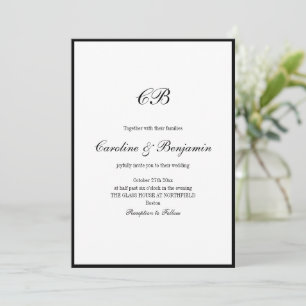 Elegant Black Border White Script Monogram Wedding Invitation