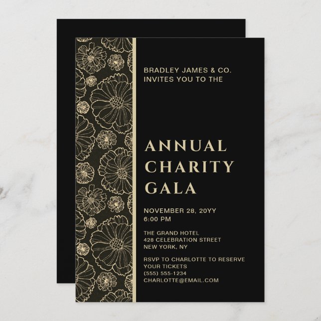 Elegant Black Botanical Charity Event Gala Party Invitation (Front/Back)