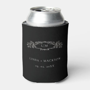 Elegant Black botanical crest monogram wedding Can Cooler