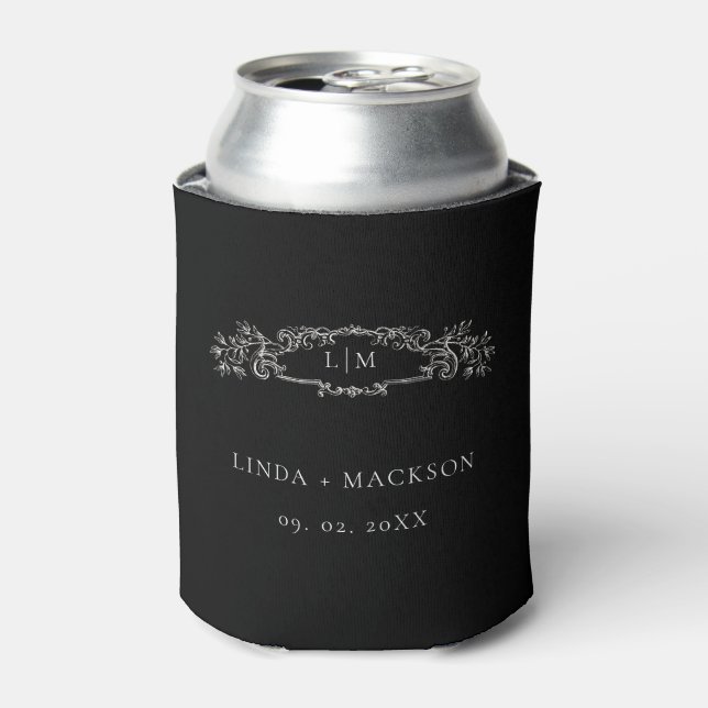 Elegant Black botanical crest monogram wedding Can Cooler (Can Front)