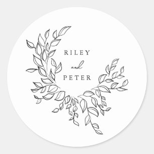 Elegant Black Botanical Crest Personalised Wedding Classic Round Sticker