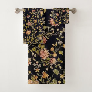 Elegant Black Botanical Floral Pattern Bath Towel Set